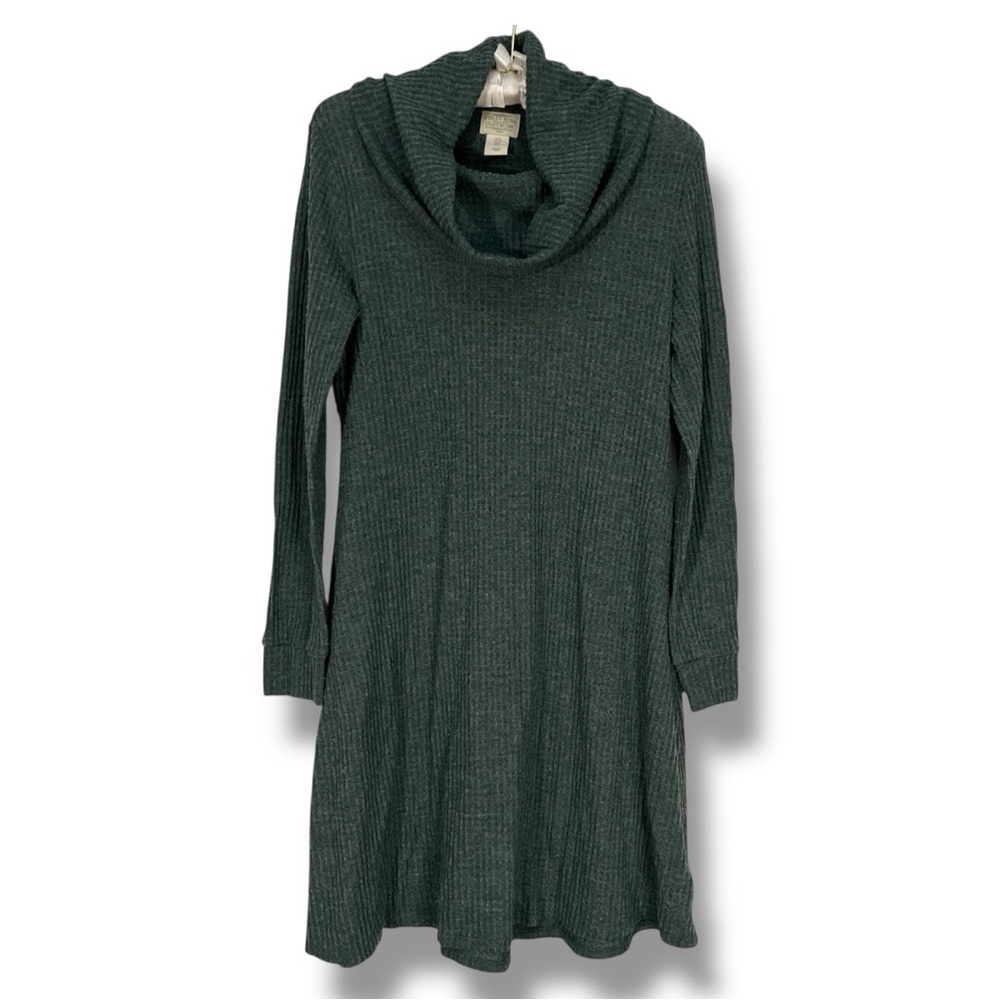 Telluride Clothing Company Green Dress Shift Cowl Neck Waffle Knit Long Sleeve S